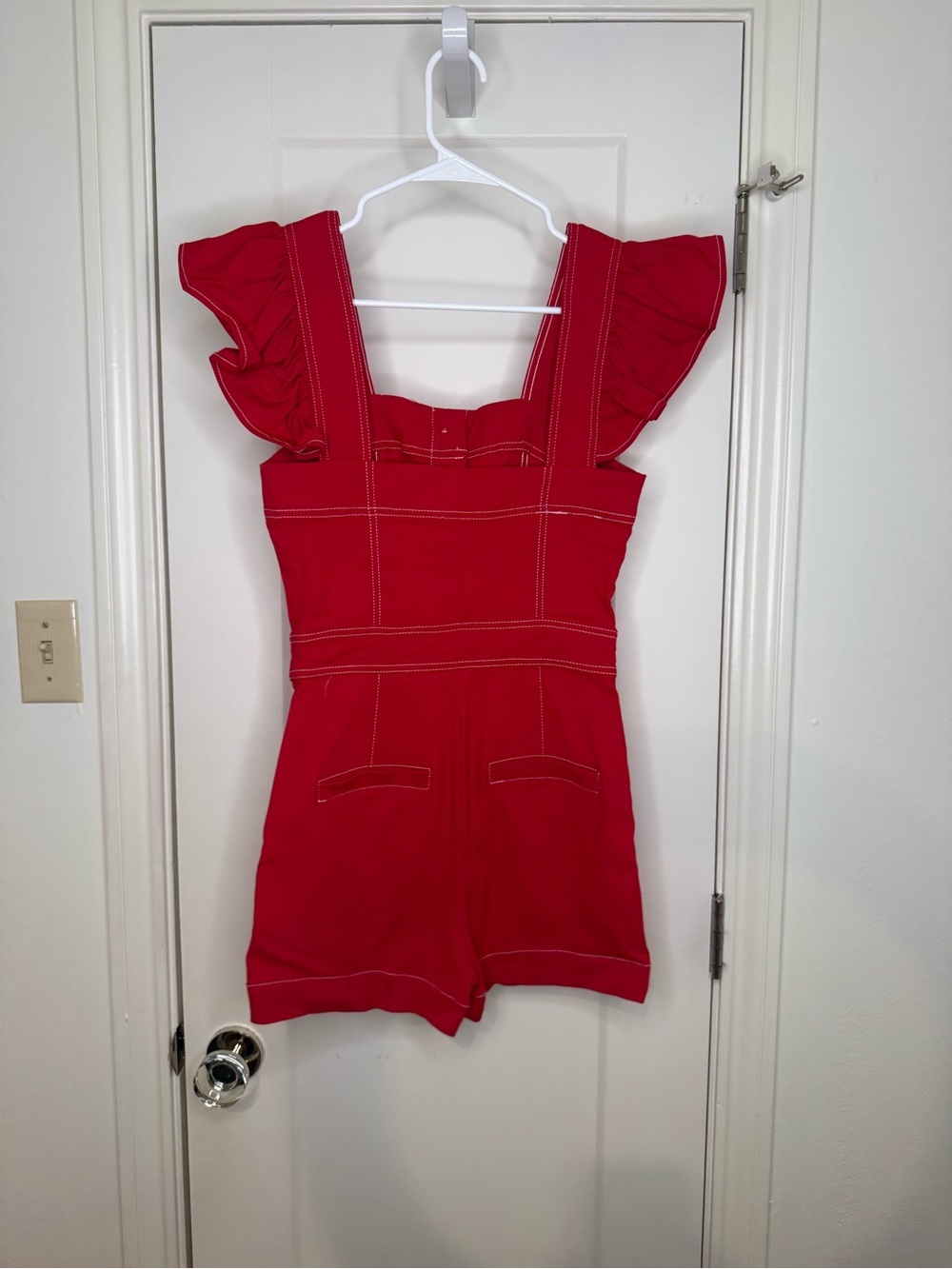Girls Red Button-Front Ruffle-Strap Romper - Picture 2 of 3